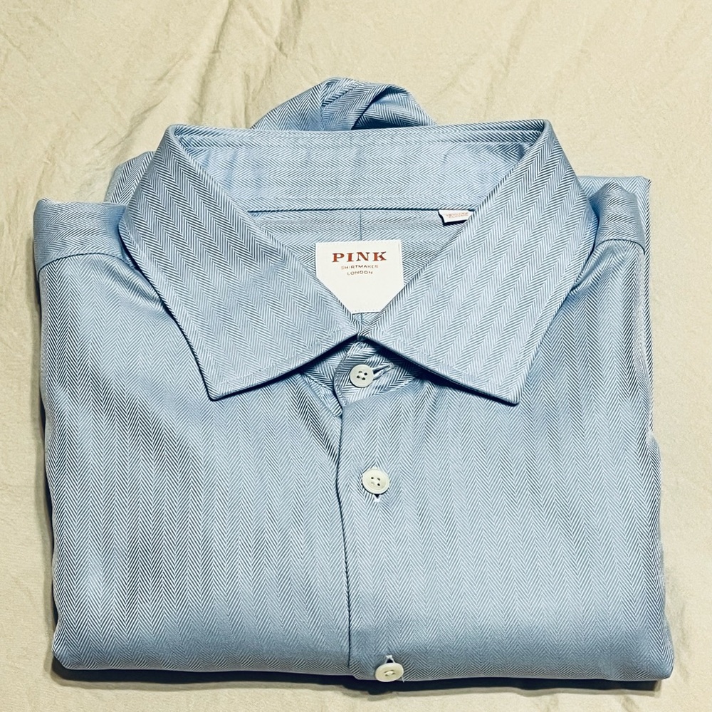 Thomas Pink Sky Blue Herringbone Dress Shirt